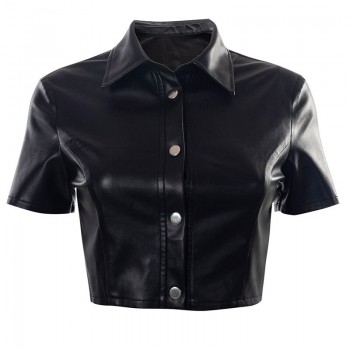 Black PU Leather Button Up Short Sleeve Crop Top T Shirt Women Fashion